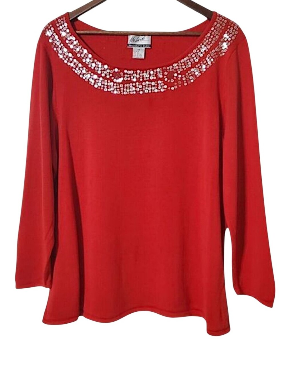 Randolph Duke The Look Silk Blend Top Shirt 2X Red Silver Sequin Neckline Womens